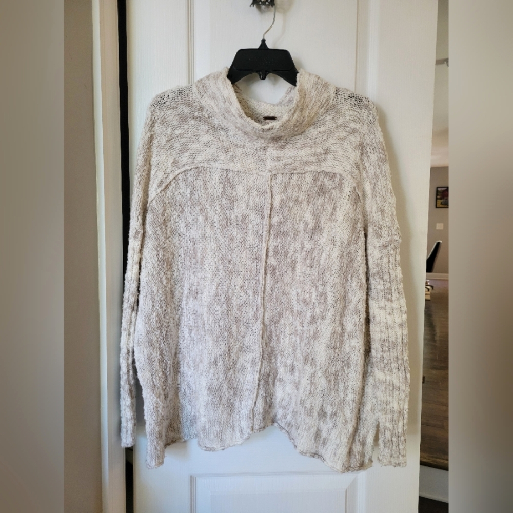 Free People Nightingale Mock Neck Sweater Speckled Gray Tan Oversized XS Boho